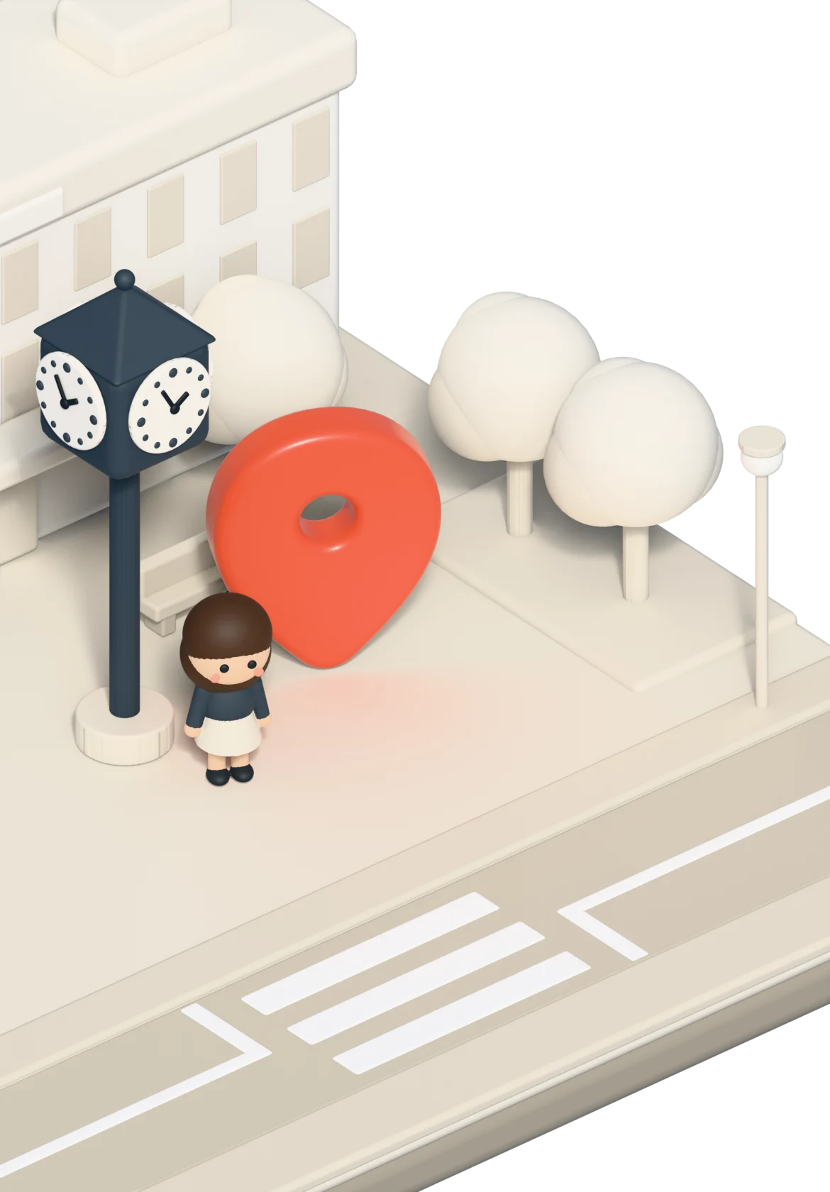 駅前の広場。時計台の下でココ子が待ち、そばにコーラルのピンが立っている